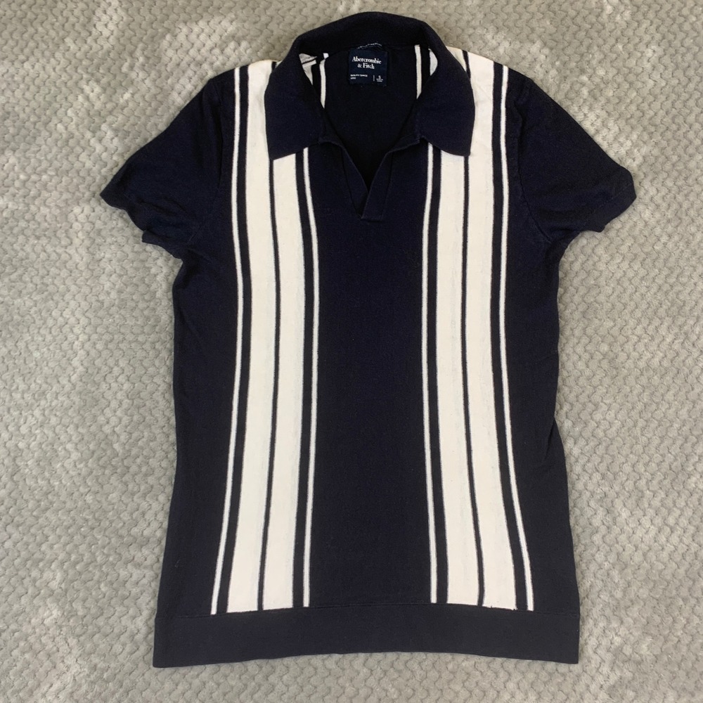 Abercrombie & Fitch Mens Featherweight Knit Polo Shirt Navy White Stripe Small